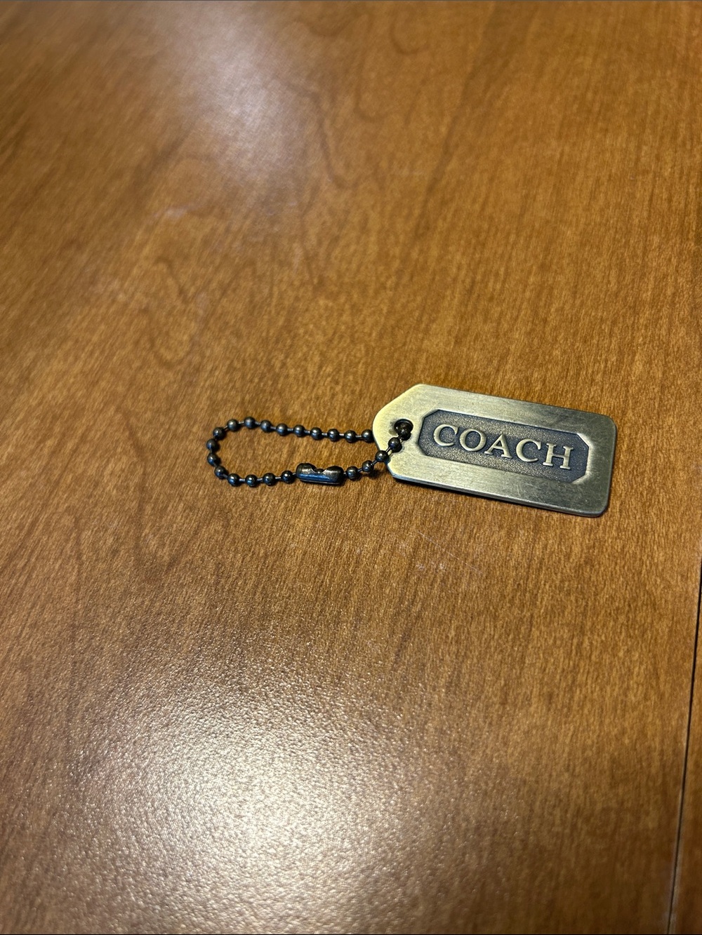 Coach Brass Dog Tag Keychain in Antique Gold with Black Chain